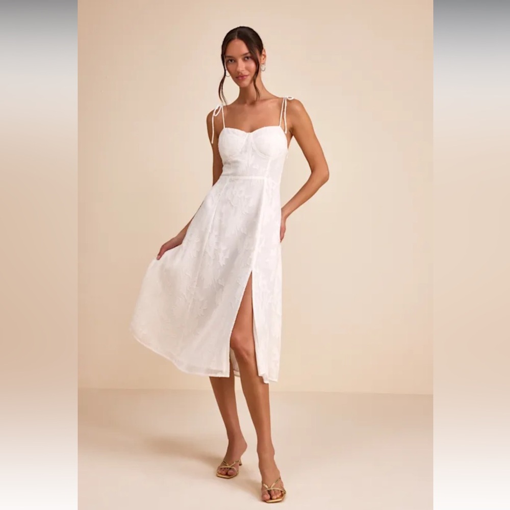 Lulu’s Loveliest Looks White Floral Jacquard Tie-Strap Midi Dress